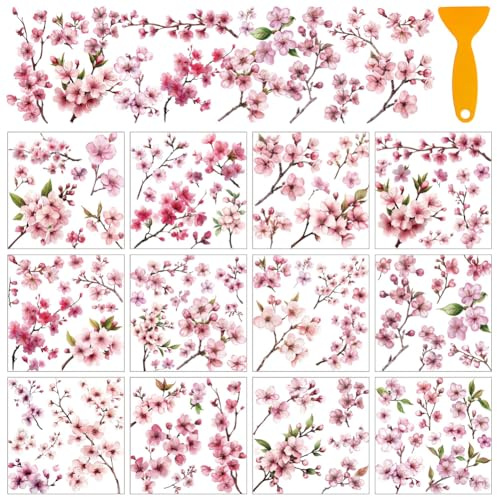 AHANDMAKER 12 Sheets Floral Rub on Transfer Stickers, Cherry Blossom Window Decoration Furniture Decal for Home School Office Decor DIY Crafts Supplies, 5.5x5.5