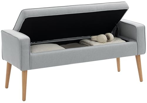 HOMCOM Puff Almacenaje Tapizado con Tapa Abatible 120x45x54 cm Gris Claro | Banco Almacenaje, en Lino Sintético, Patas de Madera, para Dormitorio Salón Entrada, Carga 120 kg