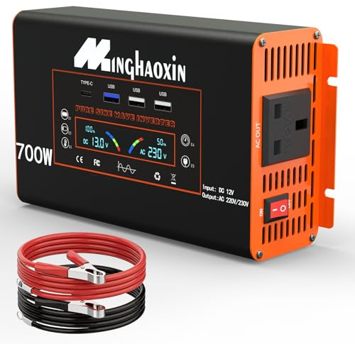MInghaoxin 700W Power Inverter DC 12V to 230V/240V Pure Sine Wave Car Inverter with 3 USB Ports and UK Sockets, Car Adapter with LCD Display for Travel, Motorhomes and Camping