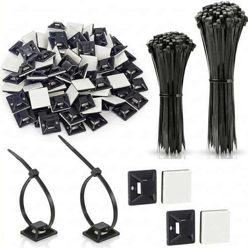 ZMaglorian 250 Piezas Bridas Plastico Negro | 100x120mm 100x150mm Bridas Reutilizables con 50 Sujeta Cables Adhesivo, Organizador Cables para Casa Oficina