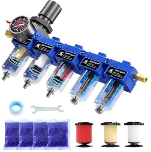 KANBOL 1/4 NPT 5 Stage Air Dryer for Compressor,Brass Filter&Coalescing Filter,Dual Desiccant Dryer and Air Regulator,Air Compressor Water Separator System,Semi-Auto Drain,150psi-Blue