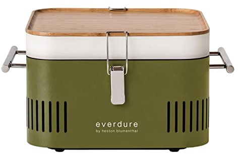 everdure by heston blumenthal Holzkohlegrill CUBE I mobiler Outdoor-Gril in Kakil I tragbarer Gourmet-Grill mit porzellanemaillierter Grillwanne I Camping-Grill mit Stauraum & Schneidebrett