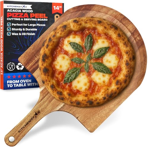 KitchenStar 14-Inch Acacia Wood Pizza Peel – Large Wooden Cutting & Serving Board with Handle – Natural Oil Finish – Ideal Pizza Oven Accessory for Easy Sliding & Prep