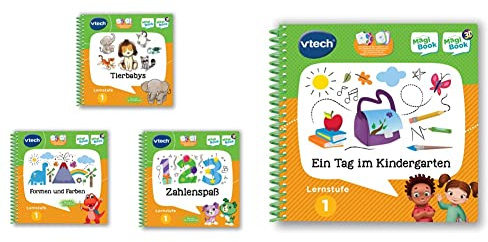 Vtech 80-488904 MagiBook-Lernbuch-Bundle: 3 Bücher der Lernstufe 1 (Tierbabys 3D, Formen und Farben 3D, Zahlenspaß 3D) & 80-481204 Lernstufe 1 - EIN Tag im Kindergarten MagiBook Lernbücher