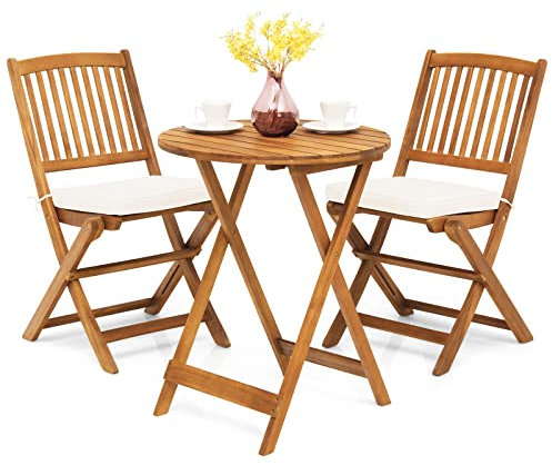 GIANTEX Set di Tavolo e 2 Sedie Pieghevoli in Legno d'Acacia con 2 Cuscini Imbottiti Removibili, Per Esterno, Patio, Giardino e Balcone (Beige)