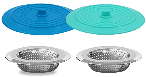 V-TOP Kitchen Drain Strainer Stopper 4 Pack, Universal 6 Inch Silicone Plug Anti-Clogging Stopper Cover, 4.5 Inch Stainless Steel Basket Strainer Food and Hair Catcher