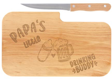 LASERHELD | Brotzeitbrett Holz mit Gravur “Papa's little drinking buddy” & Messer | 26 x 15 cm | Frühstücksbrettchen Holz Schneidebrett Jausenbrett | Geschenk für Männer Papa Vatertag