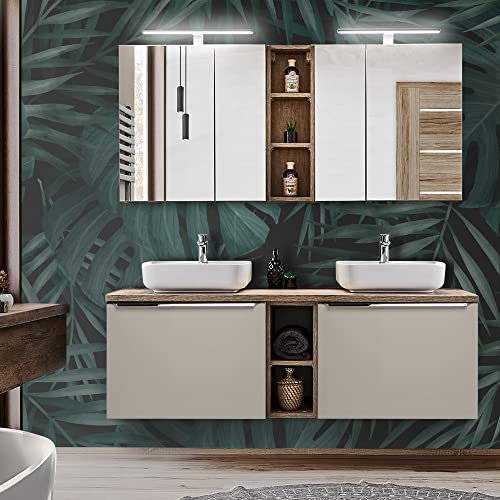 Lomadox Set di mobili da bagno in rovere vintage, doppio lavabo con 2 lavabi in ceramica, mensole, armadi a LED