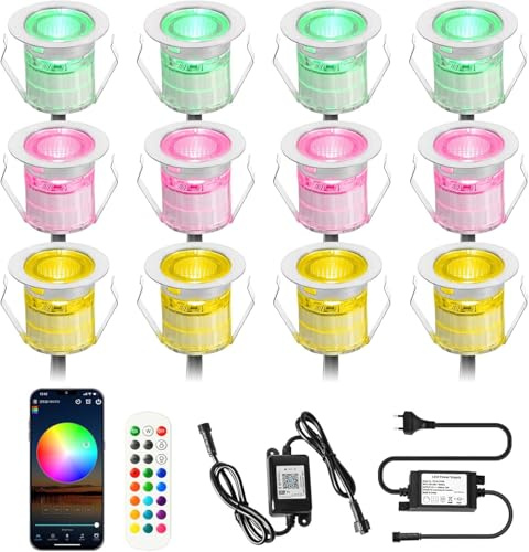 SUBOSI 12er WIFI Bodeneinbauleuchten Arbeitet mit Alexa,RGB LED Einbaustrahler DC12V Ø30mm 0.5W LED Boden WiFi Wireless Smart Phone Full Kit