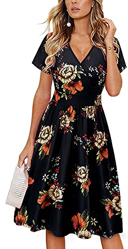 VOTEPRETTY Women's Short Sleeve V Neck Wrap Summer Dress Casual Floral Sundress with Pockets(Floral08,L)