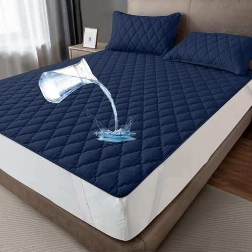 mafudoxi Wasserdichter Matratzenschoner 90x200cm, Atmungsaktive Matratzenauflage, Mikrofaser Matratzenbezug, Wasserfeste Matratzenschutz Inkontinenzunterlage Waschbar - Navy
