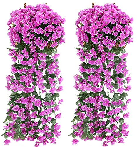 OUKEYI Künstliche violette Efeu-Hängeblumen, lebensechte Girlande aus Seide, für Zuhause, Hochzeit, Garten/Hof, Hängekörbe, Glyzinien-Girlande, Dekoration, Violett-Rot, 2 Stück
