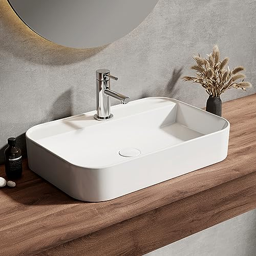 EMKE Waschbecken - Hängewaschbecken für Badezimmer & Gäste-WC - 60 × 40 × 11 cm cm Hochwertige Keramikwaschbecken - eckiges Aufsatzwaschbecken - Weiß