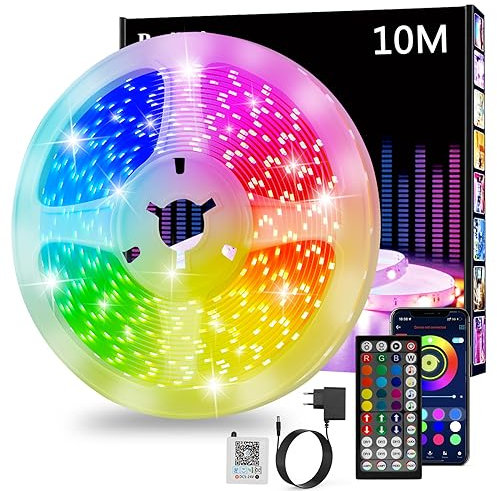 Led Strip 10m, RGB Led Streifen, Bluetooth Smart Led Band Selbstklebend, LED Leiste mit Fernbedienung und APP, LED Lights Dimmbar, Musik Sync, Timer-Einstellung für Gaming Zimmer, Room, Küche, Party