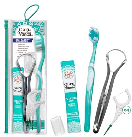 GuruNanda Travel-Friendly Oral Care Kit- 1 Butter on Gums Toothbrush, 1 Tongue Scraper, 4 Dual-Action Floss Picks, 1 Coconut & Mint Oil Pulling Sachet