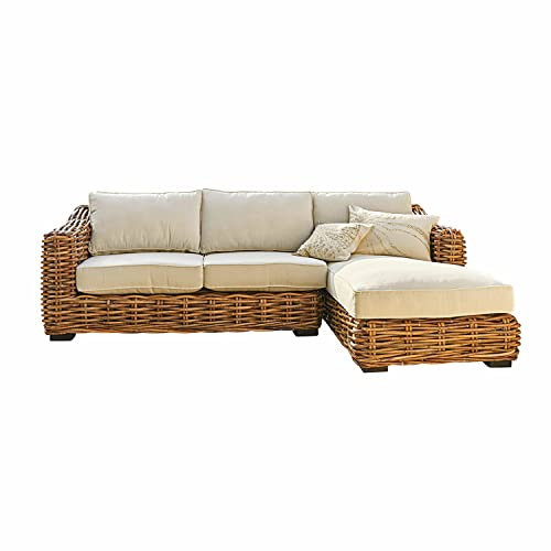 Loberon Sofa Villedieu, Echtes Rattan-Geflecht, Kissen mit Dezentem Fischgrät-Design, Abzieh- & Waschbar, Gartenmöbel, Outdoor, Sitzmöbel, Rattan, Mahagoniholz, Creme/braun