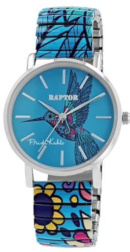 Raptor Damenuhr Frida Kahlo Edition mit Zugband, Hochwertige Armbanduhr aus Edelstahl, Geschenk für Frau, Freundin oder Mutter mit Uhrenbox (Petrol)
