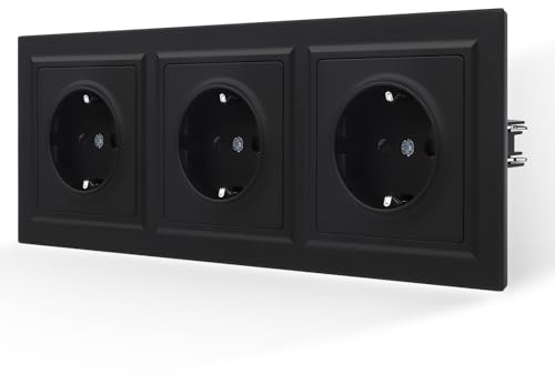 JIMEIDA Steckdose Schwarz Matt Glattes Hautgefühl 3 Fach mit Steckklemme | 16A Steckdose, 3fach, PC Panel, Babyhautgefühl, Kindersicherung, Feuerfest, Unterputz, 226x84mm, schwarz
