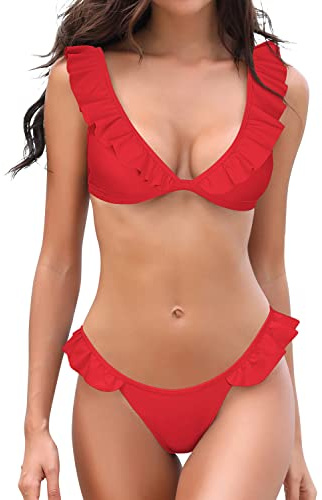 SHEKINI Womens Sexy Bikini Sets Ruffle Push up Two Piece Swimsuits with Low Waisted Bathing Suits Flounce Adjustable Beach Swimwear