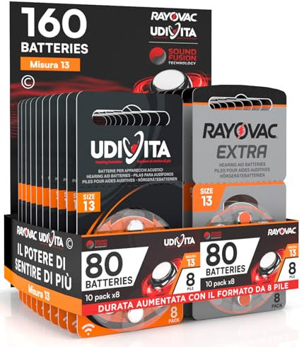 160 Batterie Per Apparecchi Acustici Auricolari Misura 13 PR48 (Arancioni) 20 Blister da 8 Pile Tecnologia Sound Fusion - 160 Pile: 80 Rayovac + 80 Udivita