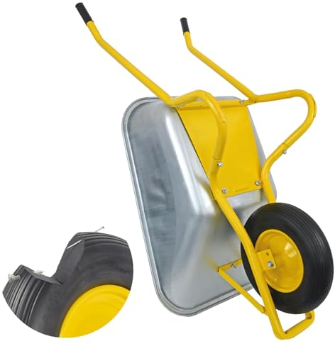 Matrix Schubkarre Profi 100l Liter 250 kg mit zusätzlichem Bodenblech pannensichers PU-Rad Schubkarren groß Garten Scheibtruhe Bauschubkarre | Mulde verzinkt | Metall Felge mit Kugellager | Farbe gelb