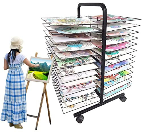 QUSYZD Mobiler Kunst-Trockenständer für Klassenzimmer, Farb-Trockenständer Kunst, stapelbarer doppelseitiger Kunst-Aufbewahrungsständer aus Metall, Kunst-Trockenständer mit Räde,-26 Shelves