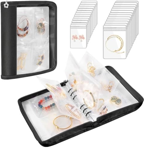Emibele Travel Jewelry Organizer Case, Jewelry Storage Book Transparent Jewelry Binder with 96 Portable Anti Tarnish Clear Zippered Pouch Bags for Necklaces Bracelet Earrings Rings, Black