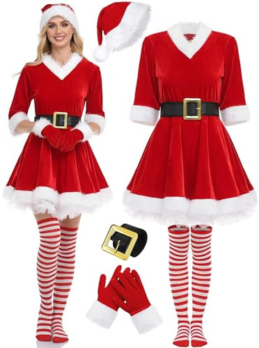 Weihnachtsmann Premium kostüm, weiß, Party Fashion Kostüm, Miss Weihnachtsmann, Santa Claus Lady, Weihnachten, Weihnachtskostüm, Damen Weihnachtsfrau Kostüm, Kleid, Gürtel und Hut B,S