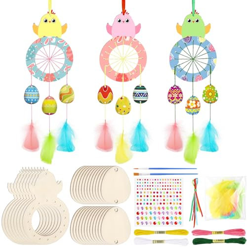 MWOOT 8 Pcs Manualidades de Atrapasueños de Pascua, DIY Kit Atrapasueños de Madera Pollito de Pascua con Pluma, Adornos Colgantes para Pascua Dormitorio Pared Ventana Casa Decoración