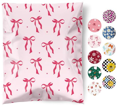 Fuxury Poly Mailers 10x13 Inch 50Pcs Shipping Bags for Clothing Strong Adhesive Shipping Envelopes for Small Business Self Seal Pink Bows Poly Bag Mailing Envelopes