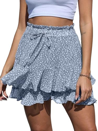 CheChury Pantalones Cortos Mujer Verano Pierna Ancha con Volante Alta Cintura Elástica Holgados Shorts Casual de Playa Bohemio Talla S Color Azul