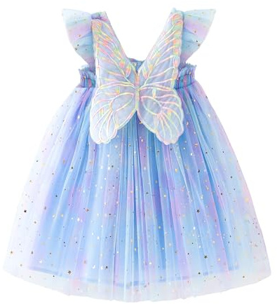 Miipat Bebis flicka tyllklänning fjäril ärmlös ungt barn prinsessa tutu blomma klänning bröllop födelsedagsfest klänning flicka 6 månad-6 år, Blå blixt, 5-6 ans