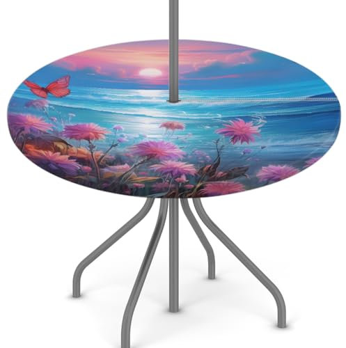 Woltant Nappe ronde avec trou de parasol et fermeture éclair facile à nettoyer avec bords élastiques - Protection de table d'extérieur pour jardin, terrasse, barbecue - Motif fleurs roses et papillons
