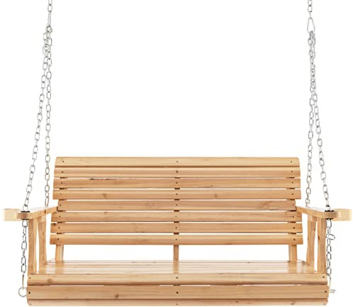 SFAREST 2 Seater Swing Chair, Outdoor Fir Wood Swing Bench with Cup Holders and Hanging Chains, Garden Hanging Loveseat for Porch Balcony Yard, 240kg Capacity