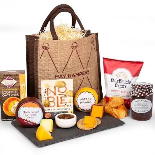 Funny Cheese Birthday Gift Hamper for Men - Mature Cheese, Biscuits, Oatcakes, Crisps & Chutney in Jute Bag - Food Gift for Him, Dad, Husband, Friends - Not Old, Extra Mature! - by Hay Hampers