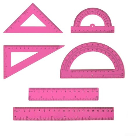 Set completo di 6 strumenti matematici in plastica trasparente con righelli, goniometri e strumenti di misurazione triangolari per compiti accurati (rosa)