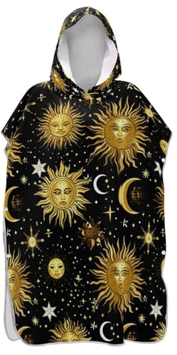 Wearable Surf Poncho for Adults Changing Robe Beach Hoodie Towel Swimming Golden Sun Moon Black Unisex Adult Poncho with Hood
