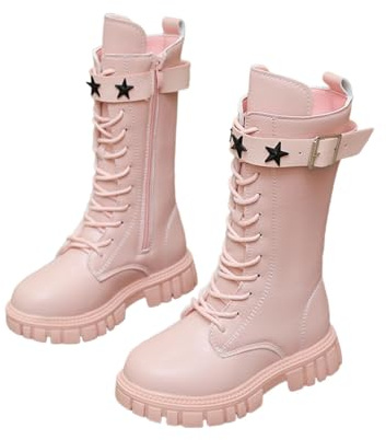 Botas de invierno para niña, botas de invierno, botines de otoño, elegantes botas de invierno para niñas con decoración de estrellas, botas altas de moda con diseño de hebilla de cinturón para, rojo