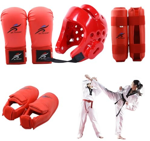 Proforce Equipo de protección para artes marciales, Karate Sparring Gear Protector de poliéster Taekwondo Sparring Gear Incluye 1 casco, 1 par de guantes y par de protectores de piernas, también