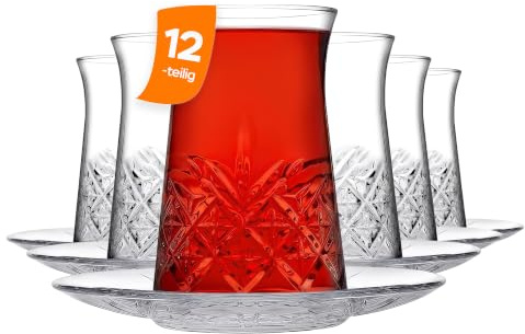 NORDIC SCHILLER Türkische Teegläser Set 160 ml (12-teilig für 6 Personen), 6 Teegläser aus Glas mit 6 Untertassen, Traditionelles Cay Bardagi Set für Stilvollen Teegenuss