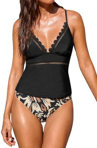 CUPSHE Tankini da donna set smerlato scollo a V ritagli due pezzi costume da bagno regolabile Self Tie Swimwear vita media, Nero/Tropicale, L
