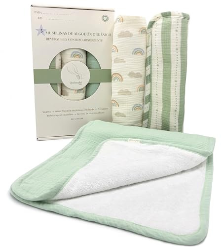 Muselinas Bebe Algodon Organico GOTS Salvababas Capazo Gasas Bebe Algodon | Pack de 3 muselinas con toalla absorbente, Muselina grande 60×30 cm, Paño para eructos, Protector de hombro para lactancia