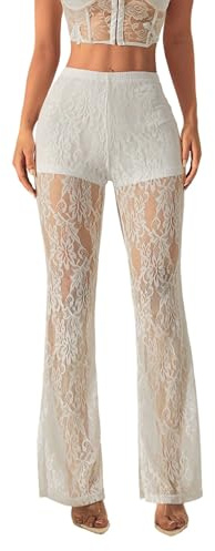 Pantalon Fluide Femme Été Transparent en Dentelle Florale, Pantalon Femme Chic et Elegant Flare Taille Haute, Design 2 en 1 avec Short, Jambe Évasée, Fente Bas | Soirée Mariage Fete Danse Sortie Plage
