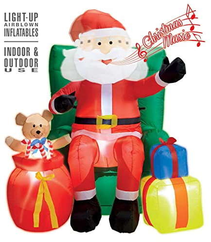 W WIDMANN MILANO Party Fashion - Aufblasbarer LED Weihnachtsmann 122 cm | Sitzender Weihnachtsmann mit LED, Musik, beweglichem Kopf und integriertem Gebläse - Weihnachtsdeko für innen und außen