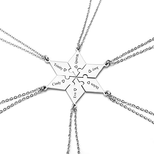 PiercingJ Personalized Gravur 6x Edelstahl Hexagramm Star of David Puzzle-Anhänger Halskette Freundschaftsketten Partner Anhänger mit 24 Kette für Herren Damen, Silber (mit Gravur)