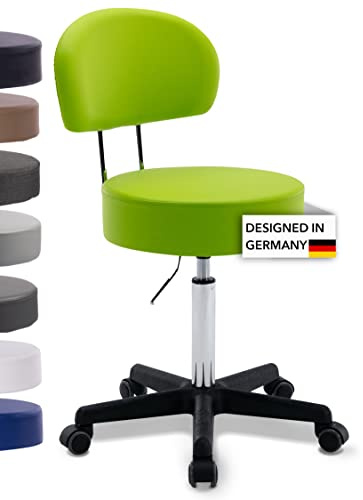 1stuff Rollhocker Squash 40 BIGBACK, Höhe 51-71cm, 40cm breit (Grün) | 1stuff-Qualität - Robuster Studiohocker mit Lehne BIGBACK, Drehhocker 360°, Bürohocker, PU-Rollen, Service aus DE
