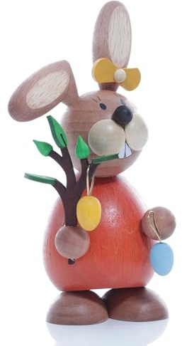 Kunsthandwerk Ullrich Osterhäsin stehend mit Frühlingszweig Höhe 12cm NEU Osterfigur Holzhase