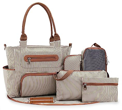 SONARIN 7 st babyväska set, multifunktionell axelväska tygväska moderskapsväska reseryggsäck med dragmadrass och barnvagnskrokar, Khaki, 30 * 15 * 30CM (12 * 6 * 12 pouces), Skötväska