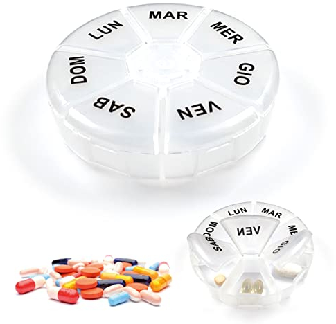 Setablu Portapillole Settimanale in ITALIANO a 7 Scomparti 7 Giorni Portapastiglie Giornaliero Organizer Medicine Porta Pastiglie Pillole Medicinali, Trasparente Satinato