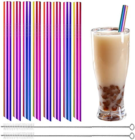 Bubble Tea Strohhalme - Strohhalme Edelstahl Wiederverwendbar 12mm Extra Breite (8 Stück),Trinkhalme Set mit 2 Reinigungsbürsten, Ideal Für Smoothie,Saft,Kaffee (Regenbogenfarben)